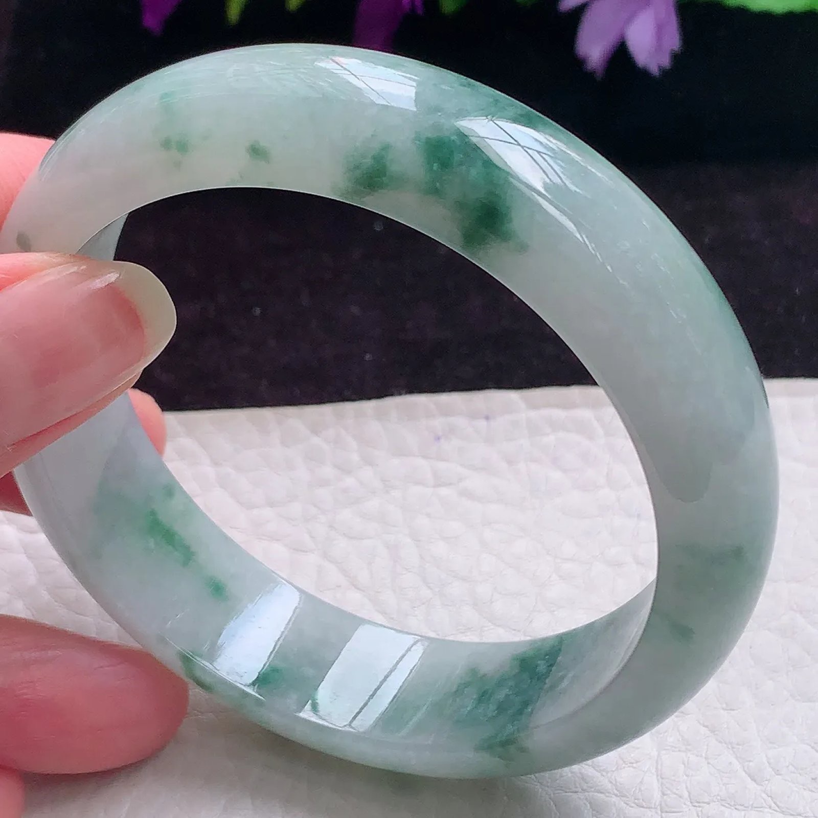 js实拍58*15.8*8轮胎镯 天然缅甸翡翠手镯飘花大气宽边玉镯玉手环