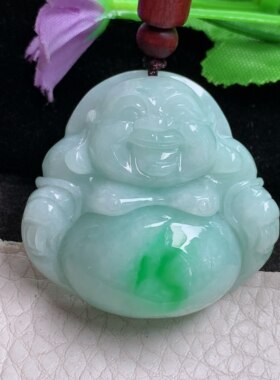 zen实拍39*40*13缅甸翡翠a货精雕飘绿水润饱满佛公 弥勒佛玉吊坠