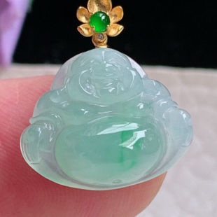 zz3实拍17 6.2缅甸翡翠满绿精美小佛公吊坠镶金一刀切弥勒佛 18.5