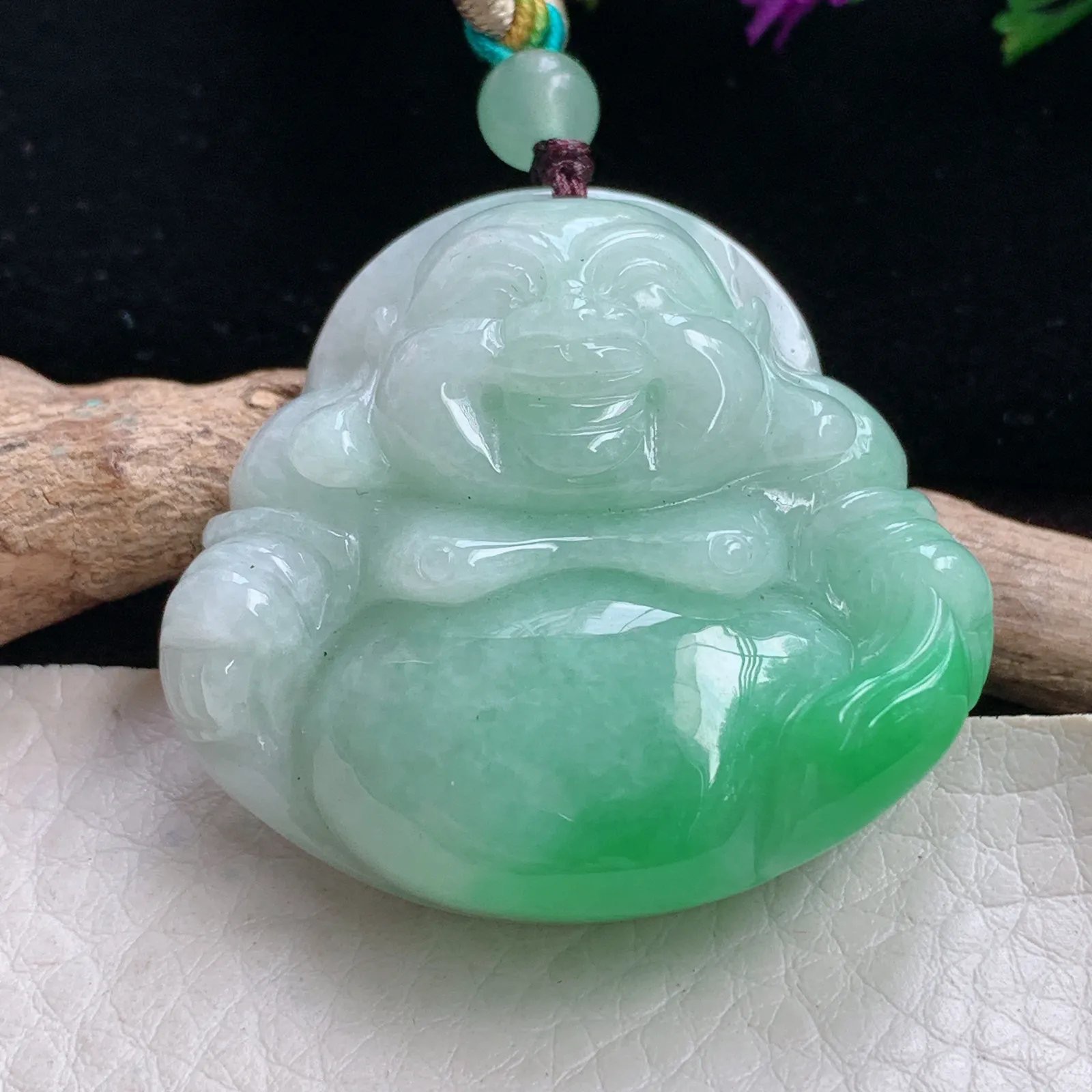 zen实拍38.6*42*12.6缅甸翡翠精雕飘阳绿佛公弥勒佛玉吊坠 玉挂件