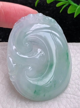 Zzx实拍缅甸翡翠A货冰胶飘绿花大如意事事如意玉坠54*40.3*6.6mm