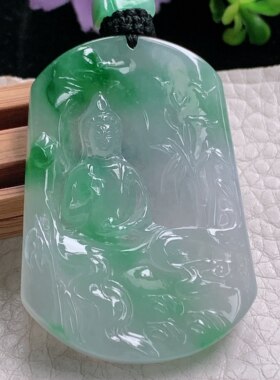 yl实拍50*35.8*5.6缅甸翡翠a货精雕冰飘阳绿山水观音 玉观音吊坠