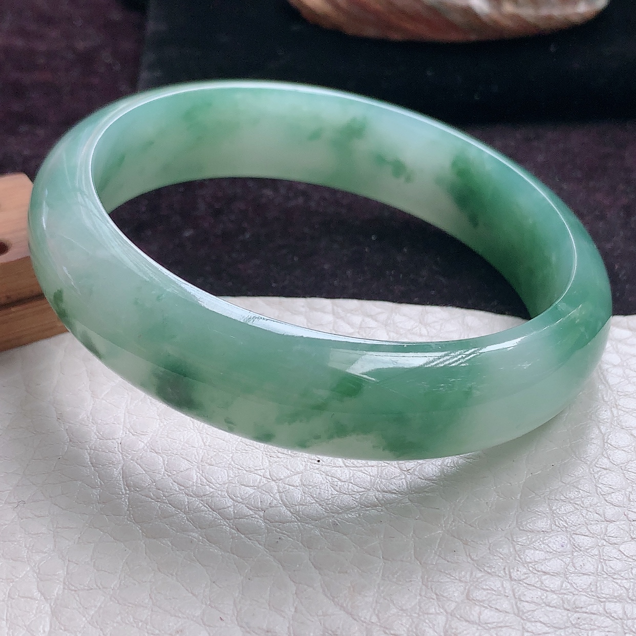 js实拍58*14.5*7平安镯 缅甸翡翠A货手镯冰飘花宽边玉镯 玉手环