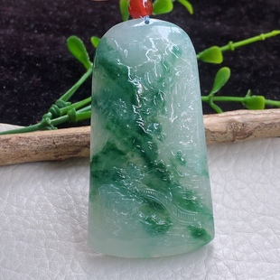 32.2 富甲天下玉坠60.2 7.9mm 缅甸翡翠A货飘花山水牌 xqa自然光