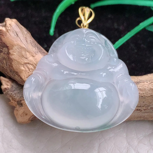 6.4mm zz自然光 缅甸翡翠A货白冰透佛公弥勒佛精美锁骨坠27.2