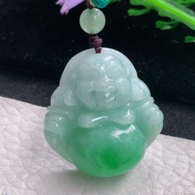 zen自然光31.8*30.2*11.8天然缅甸翡翠阳绿佛公 大肚弥勒佛玉吊坠