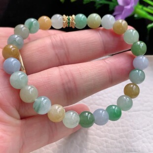 zen实拍7.4mm缅甸翡翠A货精雕水润三彩圆珠玉手链 玉手串女款小孩