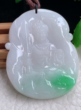 Bg实拍46.5*37*5.3缅甸翡翠白底青飘绿不动明王吊坠生肖守护神
