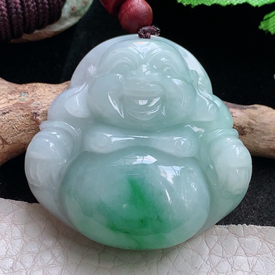 zen实拍40*41*12.5缅甸翡翠a货精雕灵动饱满佛公 弥勒佛玉吊坠