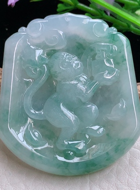 ktj实拍50.35*44.8*5.8缅甸翡翠冰飘花灵猴抱寿桃 生肖猴玉挂件