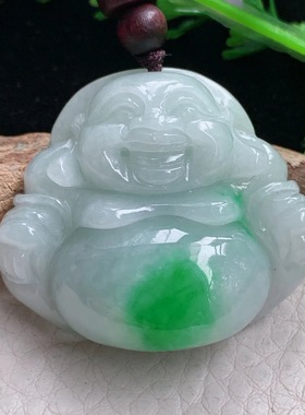 zen实拍33.8*39*12.5缅甸翡翠飘阳绿佛公玉吊坠大肚弥勒佛项坠