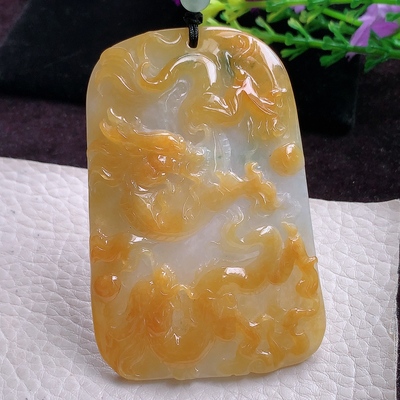 zen实拍73.5*498,3缅甸翡翠精雕黄翡大气龙凤呈祥玉吊坠 玉挂件