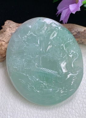 ktj实拍47.2*40.6*5.9老坑精雕冰晴清爽浅雕山水 大好河山玉吊坠