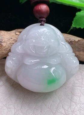zen实拍27.8*30.5*12.8缅甸翡翠精雕白底青小佛公 大肚佛绿项坠