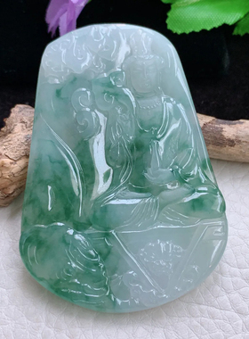 xqa实拍63.8*44.3*5.8缅甸翡翠A货冰飘花大气普贤观音菩萨玉吊坠