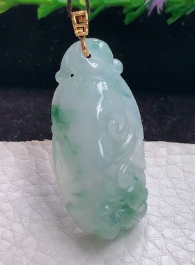 axm实拍37.5*18*10.3缅甸翡翠精雕冰飘花如意玉吊坠 玉挂件