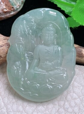 ktj实拍47.5*35.8*5缅甸翡翠a货精雕冰晴山水阿弥陀佛 佛祖玉吊坠