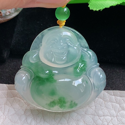 gp收藏款35.6*38*8.8天然缅甸翡翠冰飘绿饱满佛公 开心佛玉吊坠