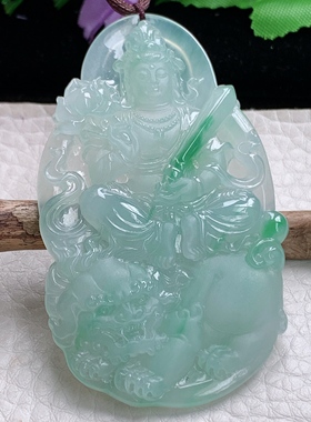 bg实拍68.2*41*5.5翡翠冰种精雕俏色文殊观音吊坠生肖守护神项坠