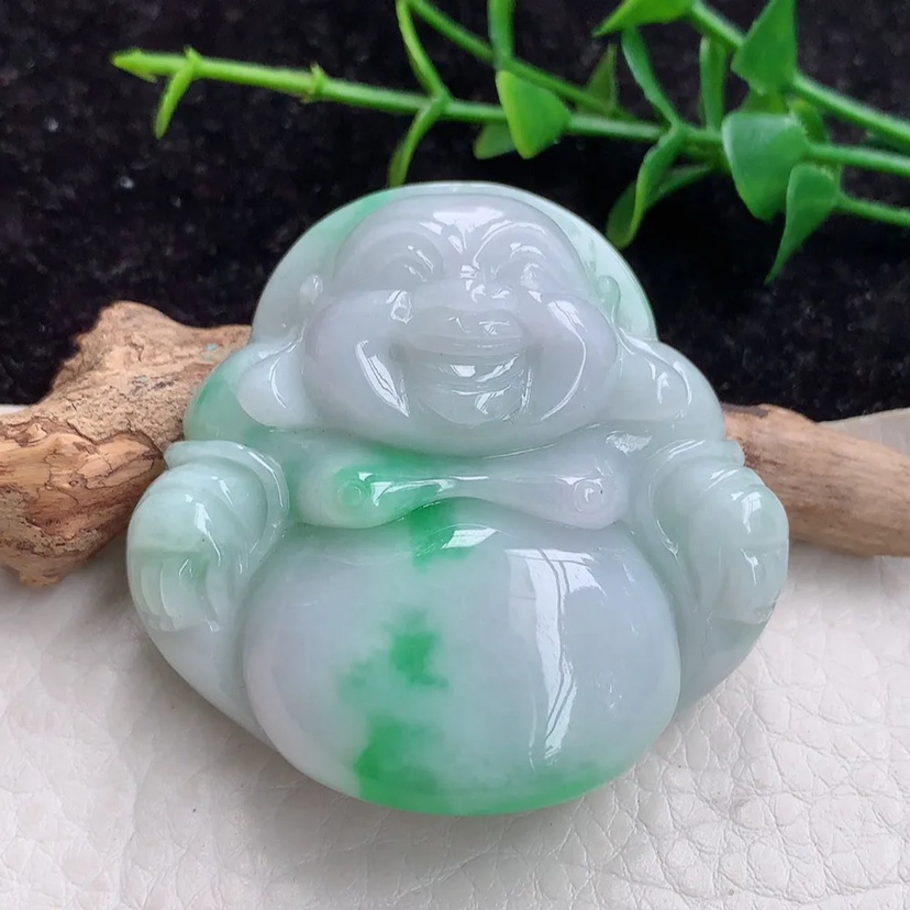 zen自然光 缅甸翡翠飘绿大佛公开心佛玉吊坠毛衣坠46.3*49*13.6mm