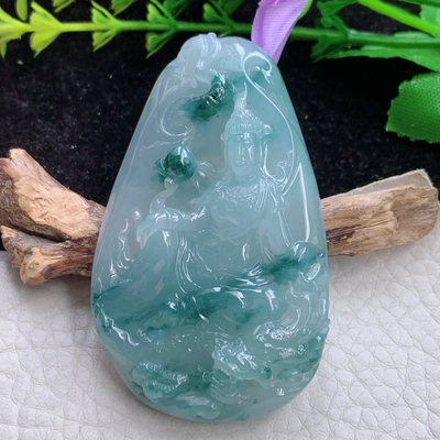 lz实拍61.3*36.7*13.5缅甸A货翡翠冰润飘花御龙观音玉吊坠 玉挂件