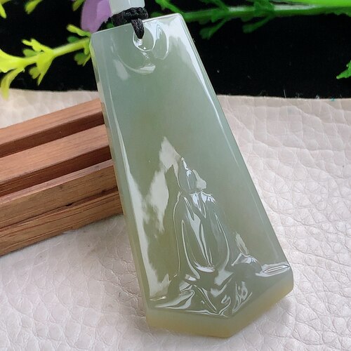 mut实拍60*28*6.2特色缅甸翡翠冰黄无相观音 玉观音玉吊坠 玉挂件