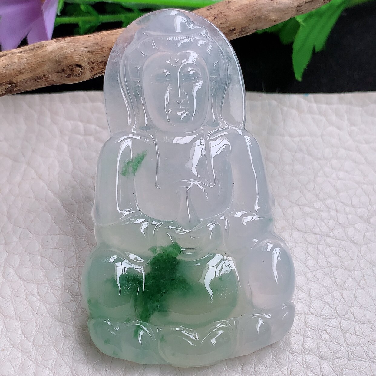 gp自然光70*41.6*6.3天然缅甸翡翠冰种飘花正庄大观音菩萨玉吊坠