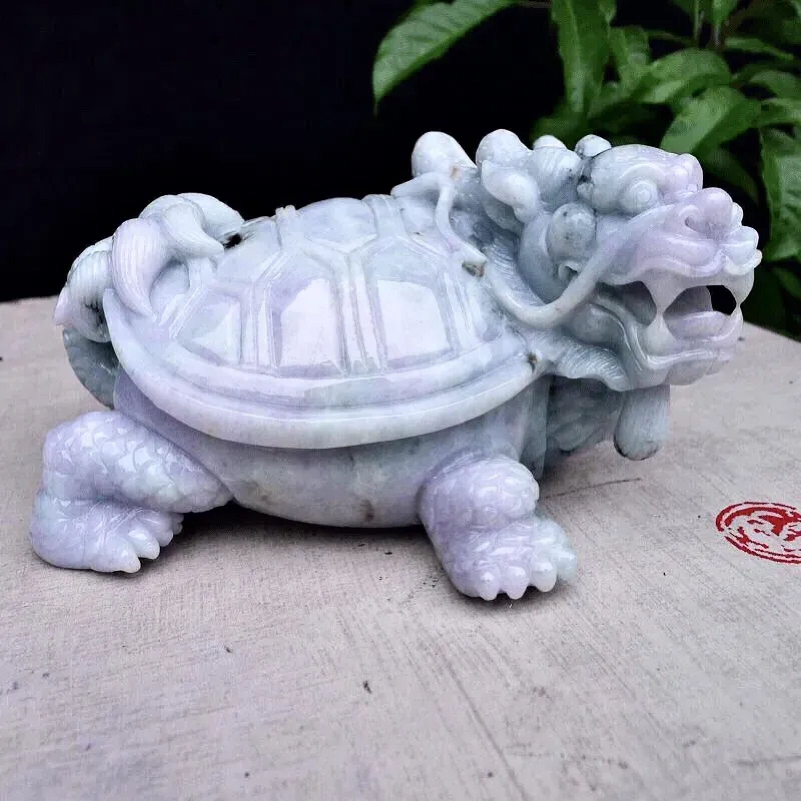 天然缅甸翡翠水润淡紫飘花精雕龙头龟大摆件瑞兽家居招财摆饰