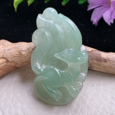 ajj实拍44.8*25.8*7缅甸翡翠精雕晴美机灵九尾狐玉吊坠 玉挂件