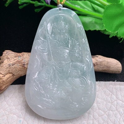 rp实拍59.8*37.8*4.5缅甸翡翠精雕冰纯立体关公 关二爷玉吊坠