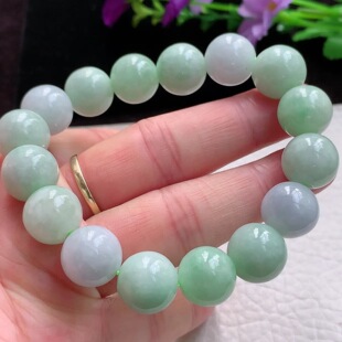 bx实拍 翡翠A货精雕男女款春带彩13mm圆珠玉手链 玉手串