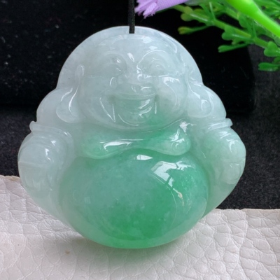 zen自然光42*44.3*10.3天然缅甸翡翠辣绿佛公弥勒佛玉吊坠 毛衣坠
