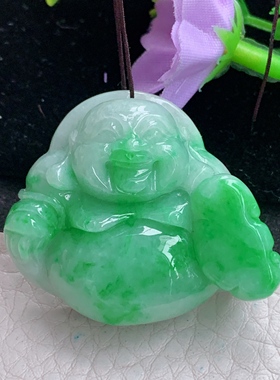 zen自然光32.5*38.3*12.5天然缅甸翡翠辣绿佛公 开心佛玉吊坠