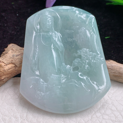 Zen实拍54.3*44.5*6老坑精雕胶感山水大日如来佛祖 翡翠佛主玉坠