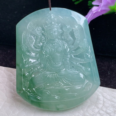 ktj实拍50.5*40.4*5.2精雕缅甸翡翠冰晴水千手观音 玉观音玉吊坠