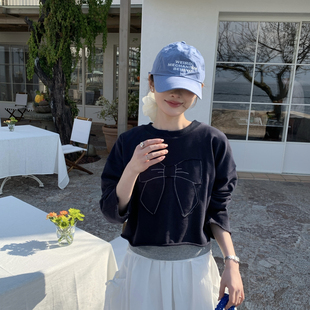 OMELET蛋卷-上新韩系减龄百搭拼接蝴蝶结下摆毛边短款卫衣