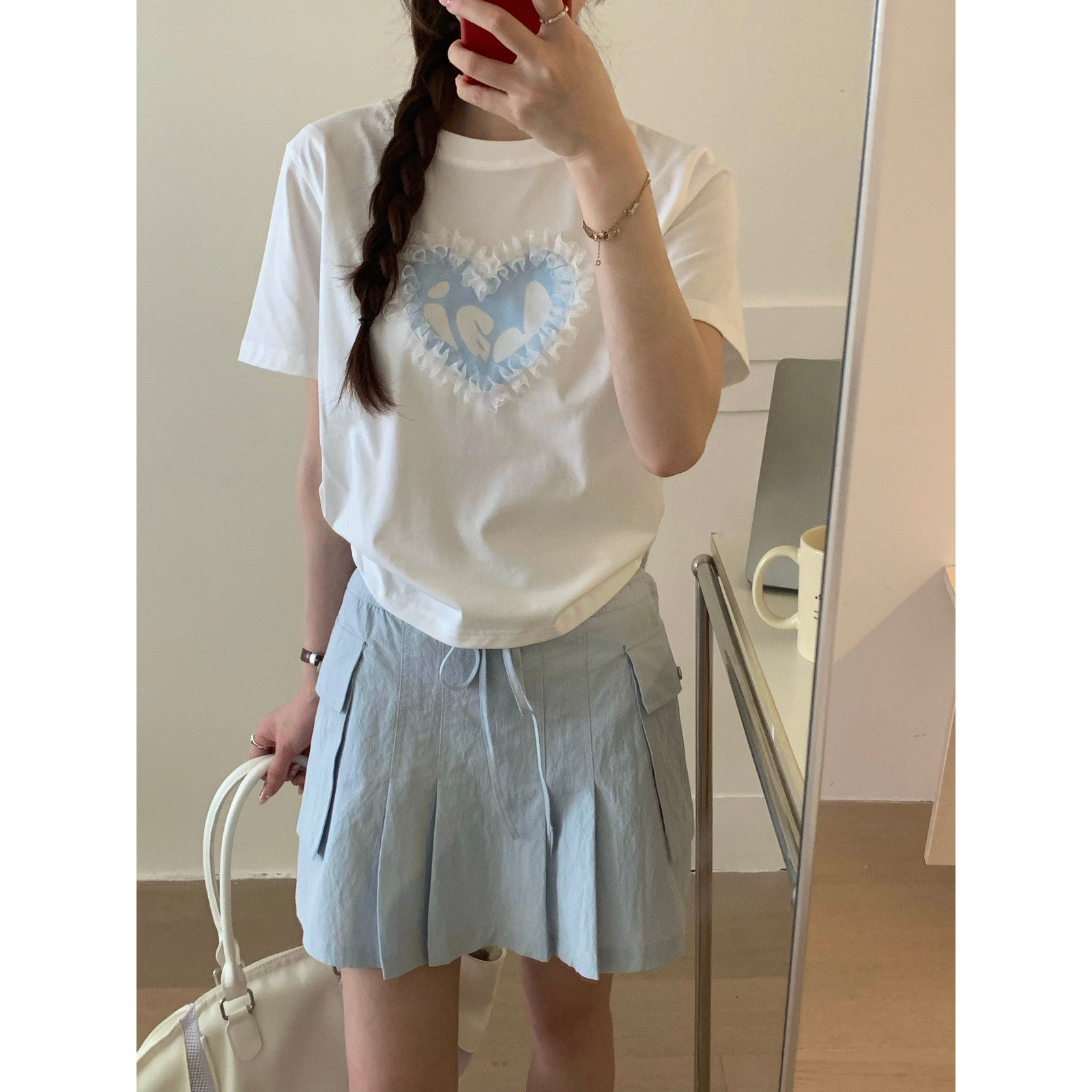 夏上新韩系甜美百搭蕾丝爱心印花短袖T恤