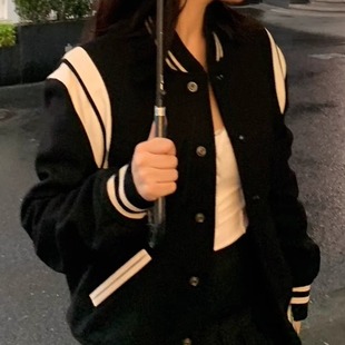 SLP风格棒球服情侣男女同款拼接夹克短外套羊毛呢2025年潮iNs