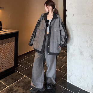 美式复古设计感小众反面为底牛仔外套高腰拖地裤百搭显瘦套装潮in