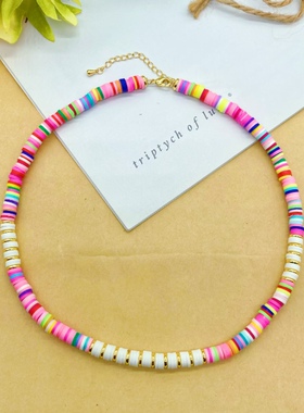 新款波西米亚风软陶不锈钢真空镀金隔片手工颈链 ins欧美锁骨链女