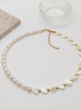 ins小众轻奢天然珍珠串珠项链欧美气质女生天然深海贝爱心锁骨链