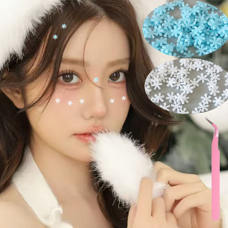 圣诞节脸贴白色小雪花妆容贴指甲装饰蓝色少女氛围感自拍写真派对