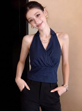 法式温柔风V领挂脖背心女夏新款深蓝色交叉修身显瘦气质吊带上衣