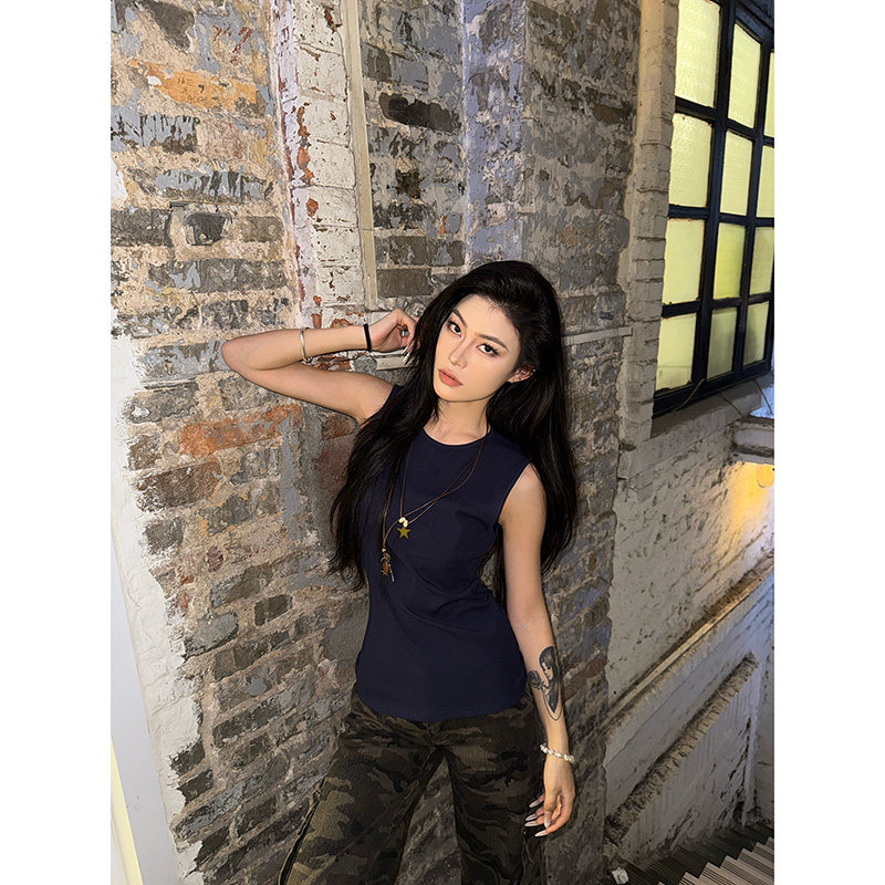 BBJJS美式辣妹宝蓝色露背无袖上衣女夏季百搭圆领正肩修身显瘦T恤