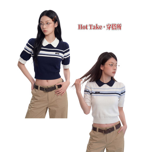 缪系撞色条纹翻领显瘦针织T恤