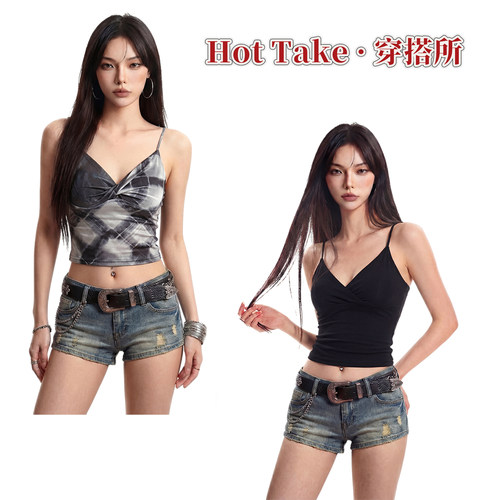 纯欲V领网纱格子掐腰胸垫吊带女