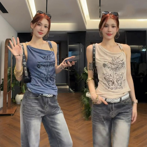 Hot Take 穿搭所 金属废土风十字架印花大露背古希腊辣妹吊带背心