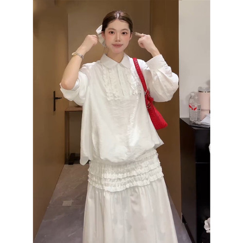 韩系白色木耳边花苞衬衫半裙套装