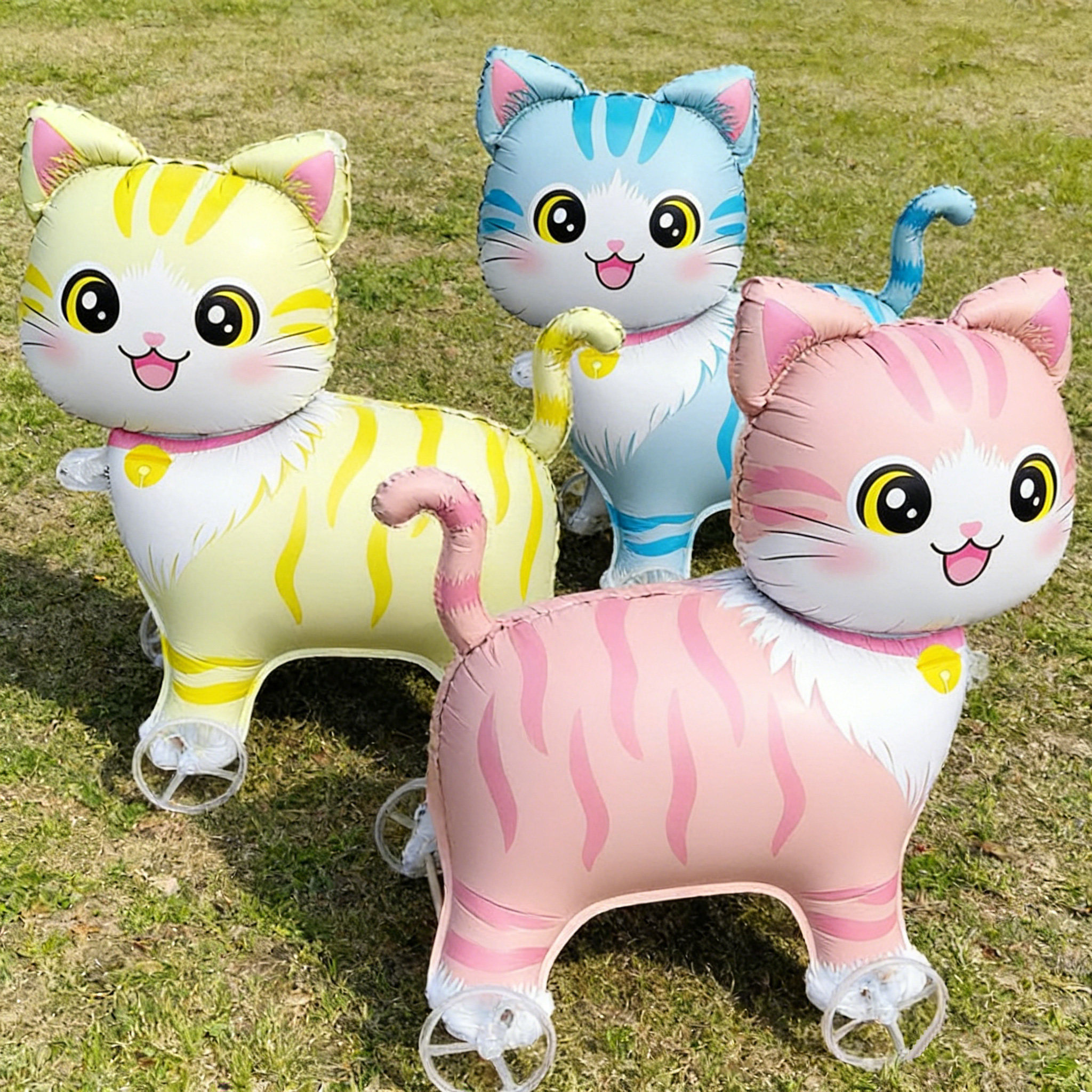 可爱卡通猫咪铝膜气球拉车生日装饰品充气玩具手动铝膜拉车小礼品