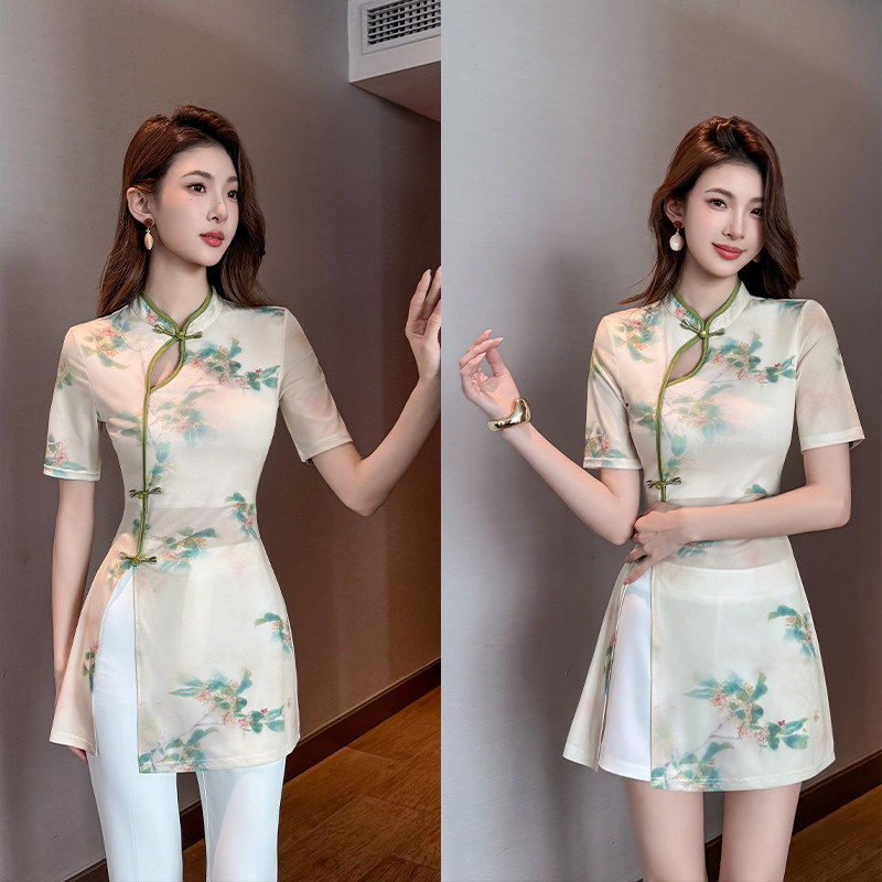 夏薄款网纱改良旗袍裙美容院足浴工作服女修身印花立领连衣裙短袖